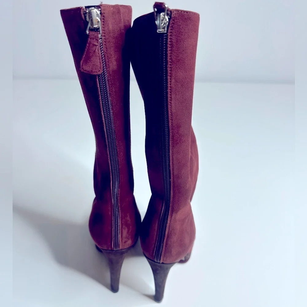CHANEL Deep Red Suede Heeled Boots